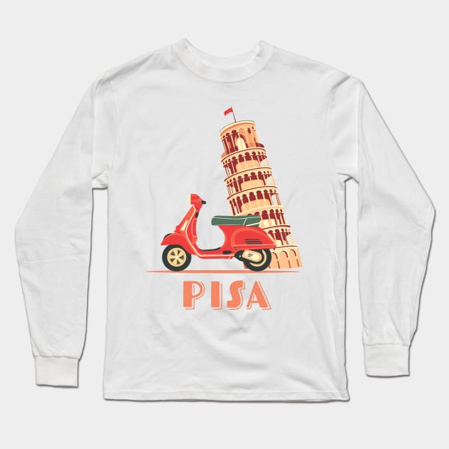 Pisa Tower Italy Scooter Long Sleeve T-Shirt by Visual Arts Oasis